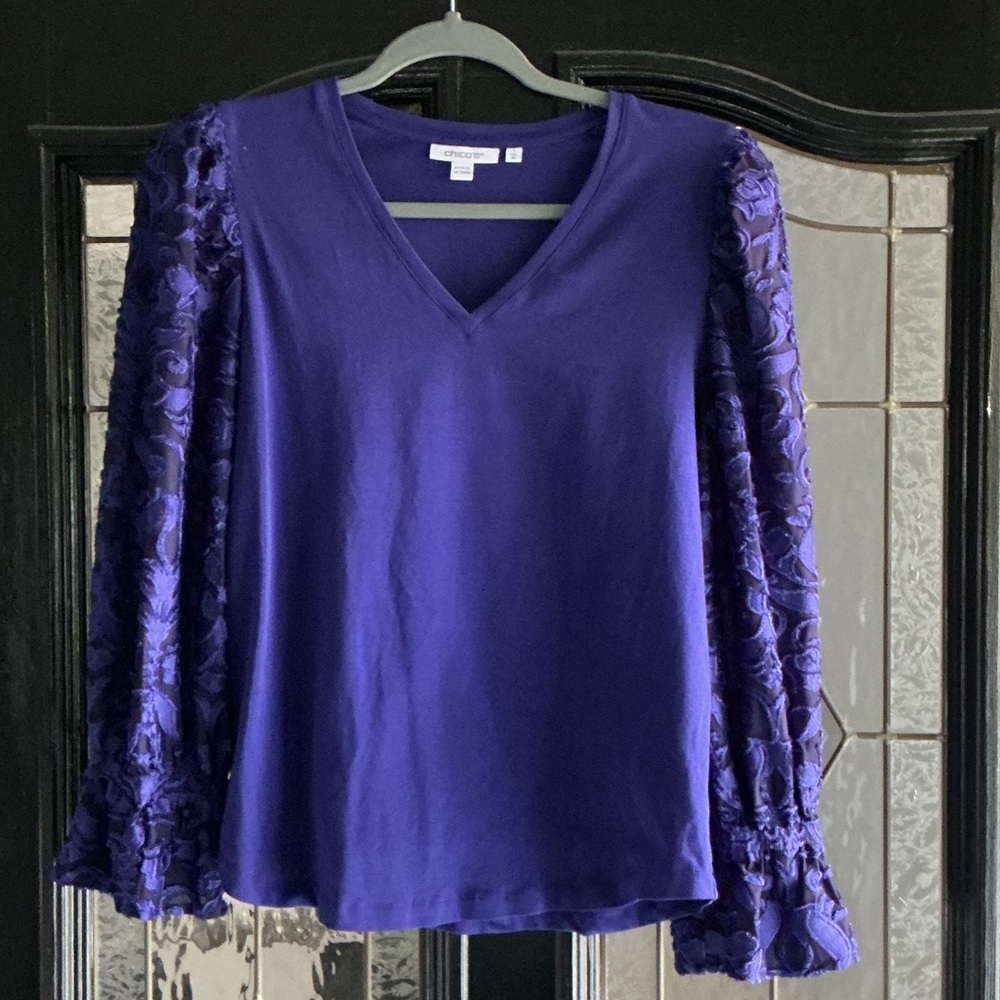 Chico's Deep Purple V-Neck Top with Textured Floral Sleeves